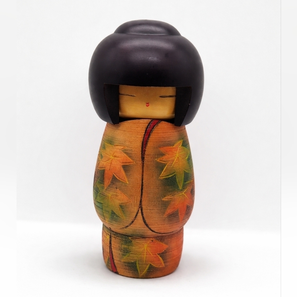 Wooden Doll with Autumn Leaves Seigaku Ando Kokeshi Doll | Approx. 8" VTG Rare